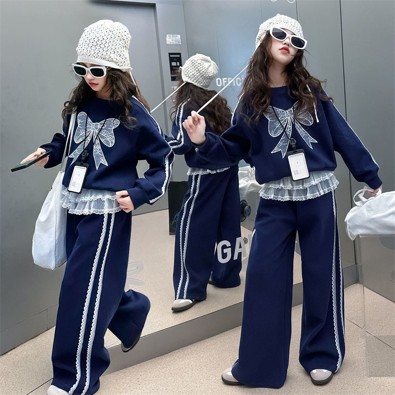 秋の女の子のレースセット子供蝶ネクタイスーツ新しい子供長袖ス - Running Gear Kids のレビューと価格
