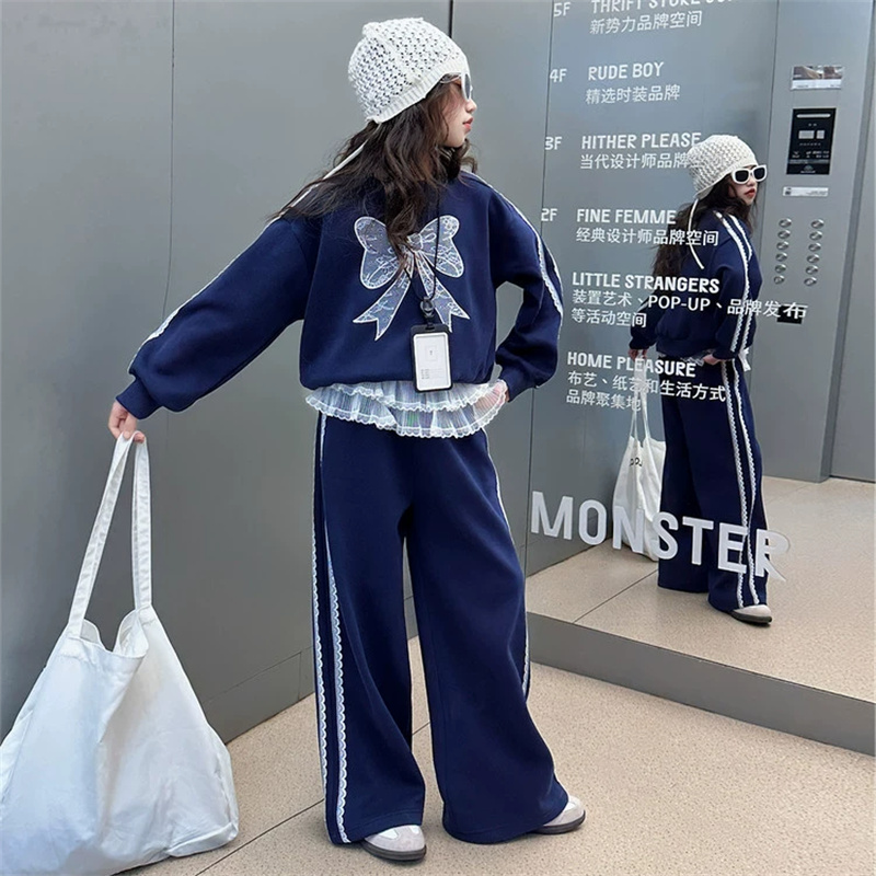 秋の女の子のレースセット子供蝶ネクタイスーツ新しい子供長袖ス - Running Gear Kids のレビューと価格
